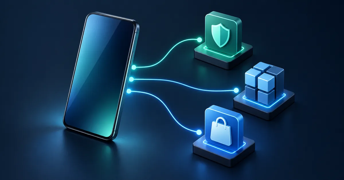 Conceptual illustration of a smartphone linked separately to a security shield, modular system cube and app-store bag.