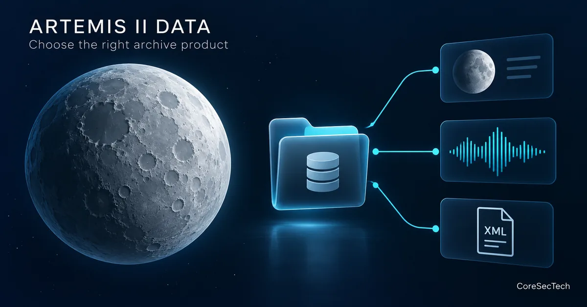Conceptual illustration of a Moon and archive folder linked to image, audio and XML metadata cards.