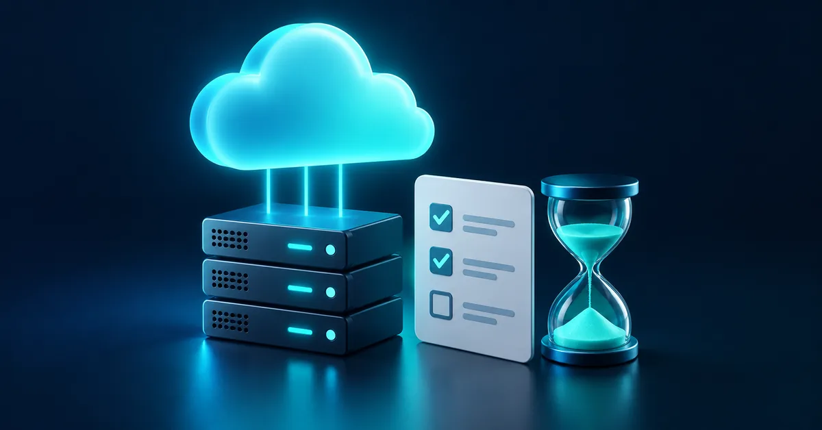 Conceptual illustration of a cloud, server stack, checklist and hourglass representing cloud-credit eligibility and expiration planning.