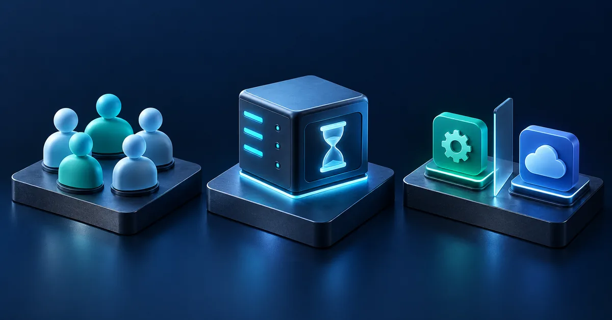 Conceptual illustration of team members, a server with an hourglass, and separate partner-tool tiles on three platforms.
