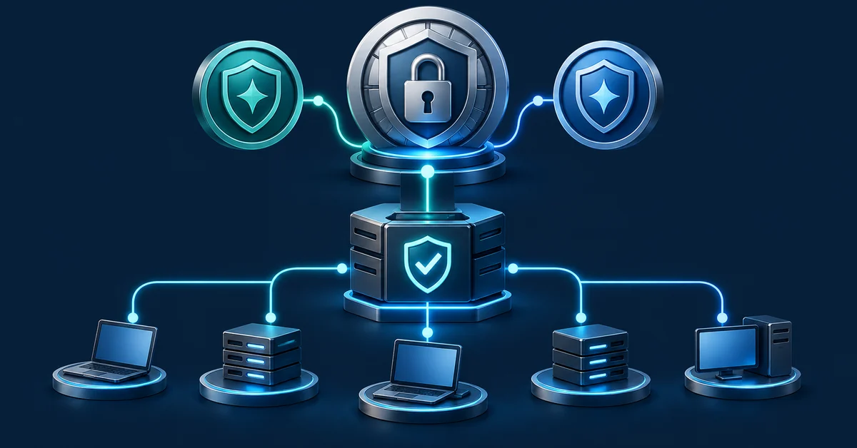 Conceptual illustration of a DNS trust anchor and validating resolver connected to computers and servers.