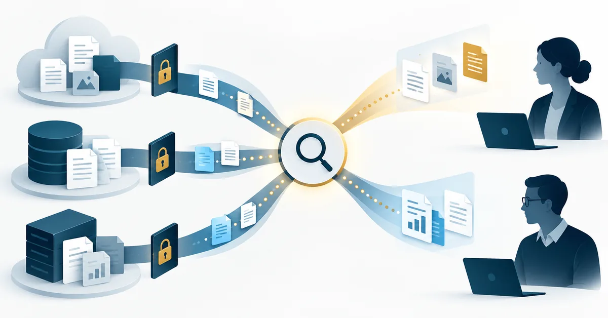 Conceptual illustration of business documents passing through permission gates to two users connected to an AI cloud.