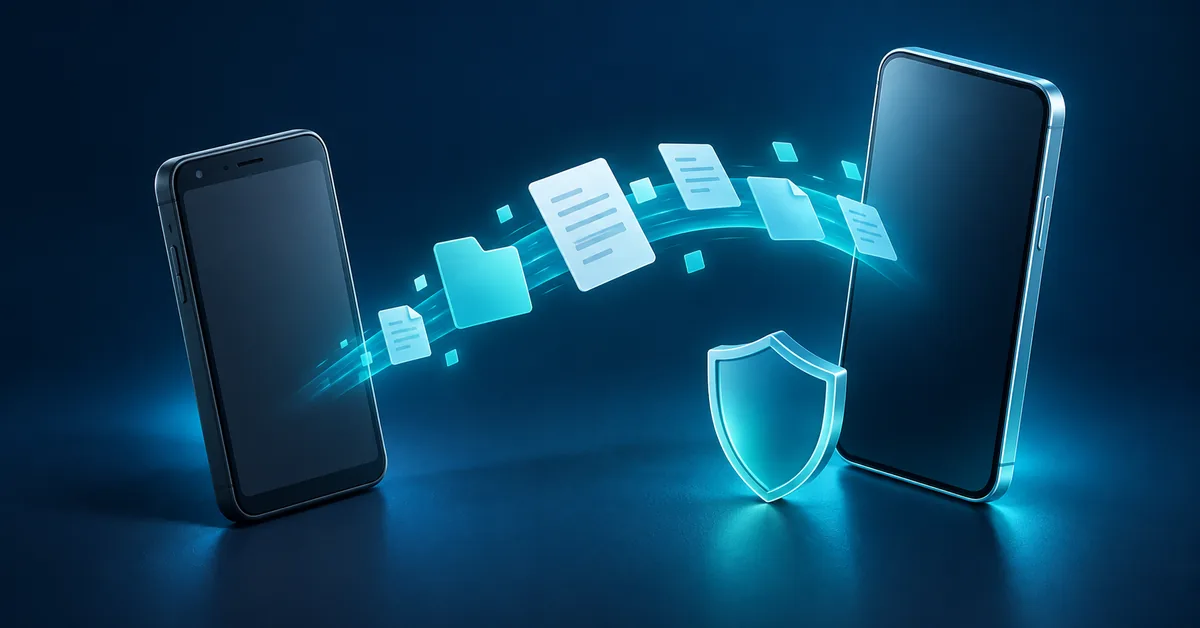 Conceptual illustration of data moving between two generic phones beside a shield; not a Pixel product image or screenshot.