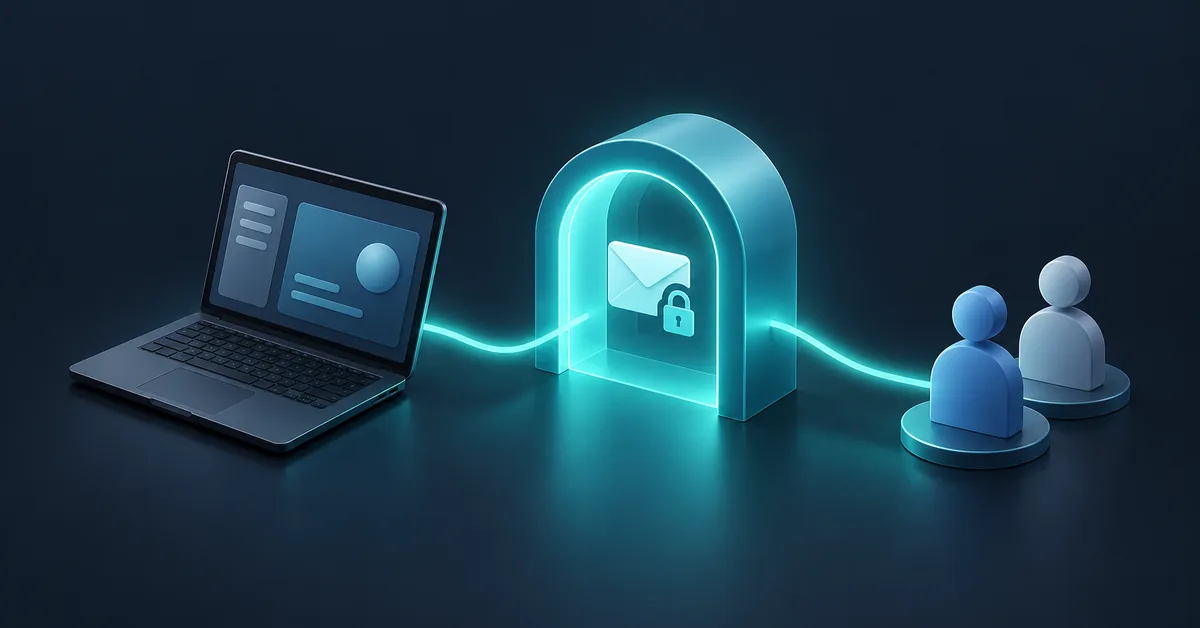 Conceptual illustration of a laptop connected through an email-and-padlock gateway to two invited visitors.