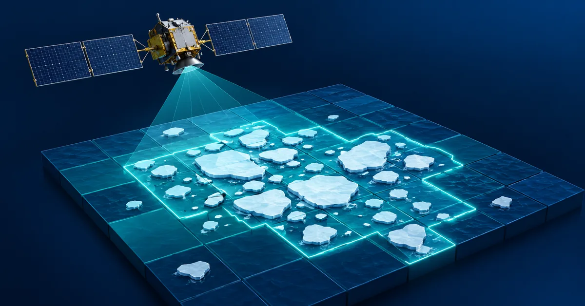 Conceptual satellite above an ocean grid with scattered ice fragments and a glowing extent boundary; not observed sea-ice data.