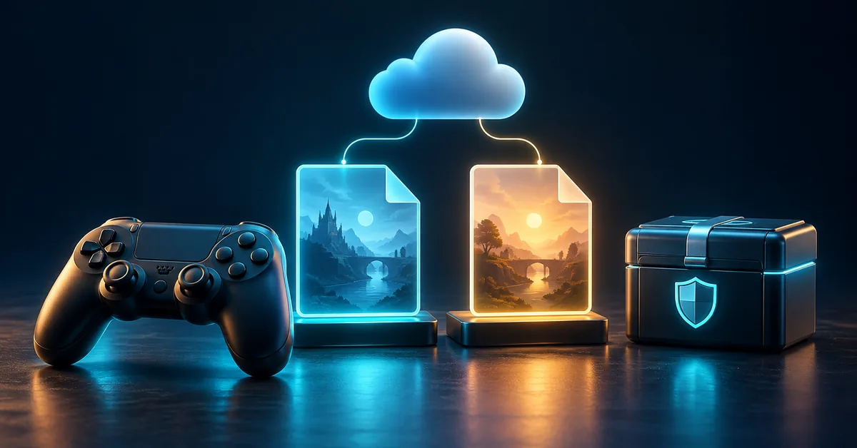 Conceptual illustration of a game controller, two separate save-file versions, a cloud and an independent backup box.