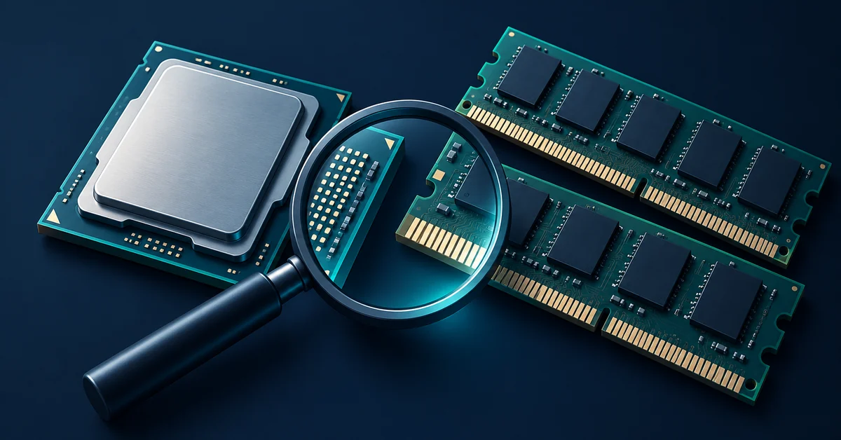 Conceptual illustration of a processor, RAM modules and a magnifying glass.